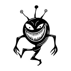 Creepy alien monster with big grin, sharp teeth, and antennas. Fun spooky silhouette clipart for Halloween, decorations, stickers, or cut file designs.