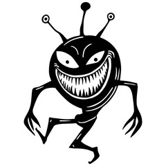 Creepy alien monster with big grin, sharp teeth, and antennas. Fun spooky silhouette clipart for Halloween, decorations, stickers, or cut file designs.
