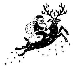 Santa Claus riding a magical reindeer with stars. Festive Christmas silhouette design for prints, stickers, cards, and digital art.