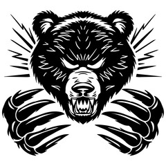 Fototapeta premium Angry bear head with sharp claws in a black and white vector illustration. Perfect for sports teams, tattoos, mascots, and logo design.