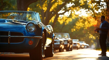 Naklejka premium Lineup of Classic Cars in Sunlit Street with Person Admiring Scenery