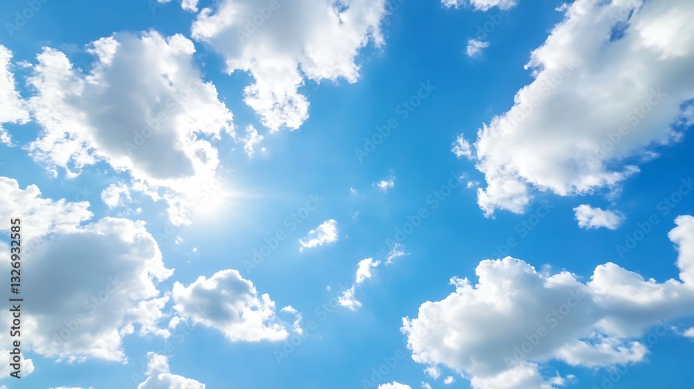 Aufkleber bright blue sky with fluffy white clouds filling the view in a peaceful atmosphere : generative ai