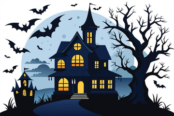 Halloween full moon night background, dark castle, pumpkins, tombstone, witch, and bats. Vector illustration.Vector