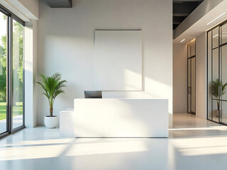 Fototapeta premium beautiful Modern empty office interior with white Slate Gray walls, white reception, blank poster on the wall, and glass partitions in open space. 4k image