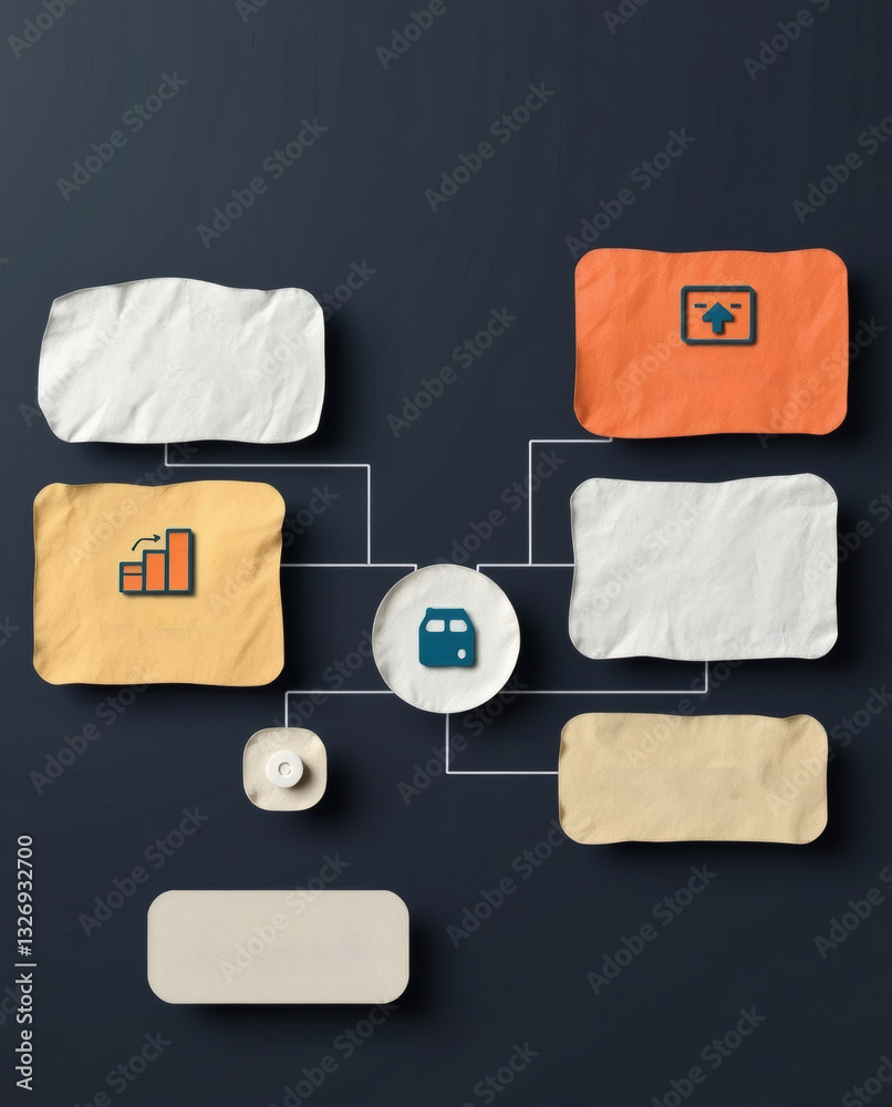 Aufkleber a creative flowchart design with interconnected elements and icons representing concepts, on a dark background. The design is modern and visually appealing.