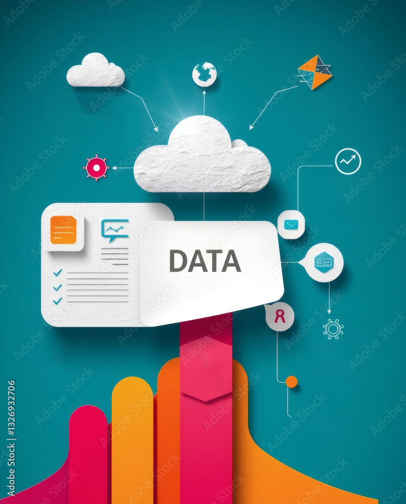 Poster cloud data concept with various infographic elements, illustrating data storage and analysis 