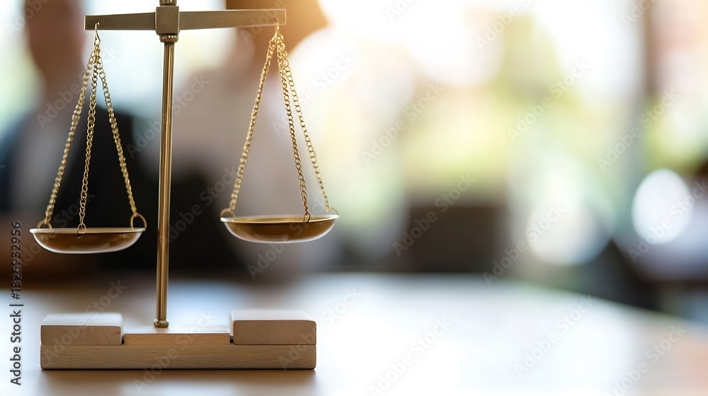 Poster closeup of a traditional balance scale symbolizing justice in a modern workspace : generative ai
