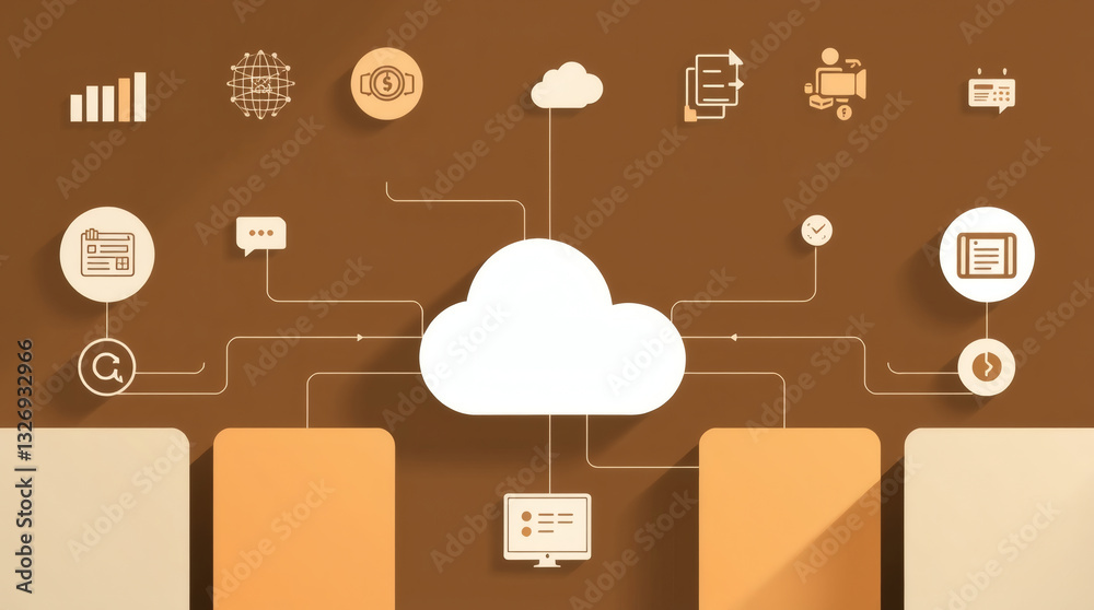Poster cloud computing and interconnected network of data icons against a brown background. Demonstrating seamless digital connectivity and technological advancements
