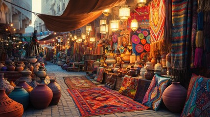 Naklejka premium Vibrant Middle Eastern Bazaar Night Market Scene
