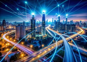 Obraz premium Futuristic City Nightscape: High-Speed Traffic & Global Network Connectivity Panoramic