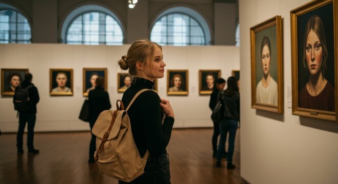A young woman with a backpack observes artwork in a museum, admiring classic portraits in a well-lit exhibition hall. The scene captures curiosity and cultural appreciation
