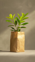 Indoor Ficus Plant in a Brown Paper Bag with Sunlit Background Creating a Calm and Natural Atmosphere