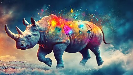 A vibrant rhinoceros charging through a colorful, abstract landscape with dynamic splashes of color