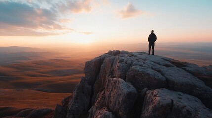 Silhouette of Man Standing on Rocky Edge Overlooking Beautiful Sunset Landscape : Generative AI