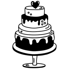 Black and white vector illustration of cake. Perfect for wedding designs, birthday, bakery logos, and decorations.