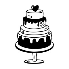 Black and white vector illustration of cake. Perfect for wedding designs, birthday, bakery logos, and decorations.