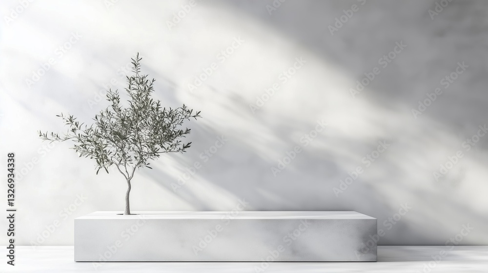 Leinwandbilder Minimal abstract background with a white concrete wall, soft shadows, and a single cube podium on the left side. An olive tree plant adds a natural element under soft lighting, creating a serene and m
