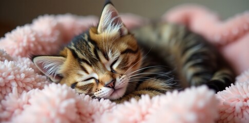 Close up of fluffy scottish kitten sleeping on soft blanket, sleeping, adorable, fluffy