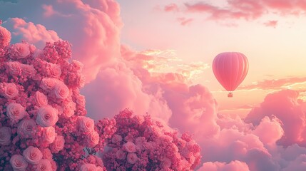 Fototapeta premium Photo of a balloon in pink clouds at sunset with bouquets of roses