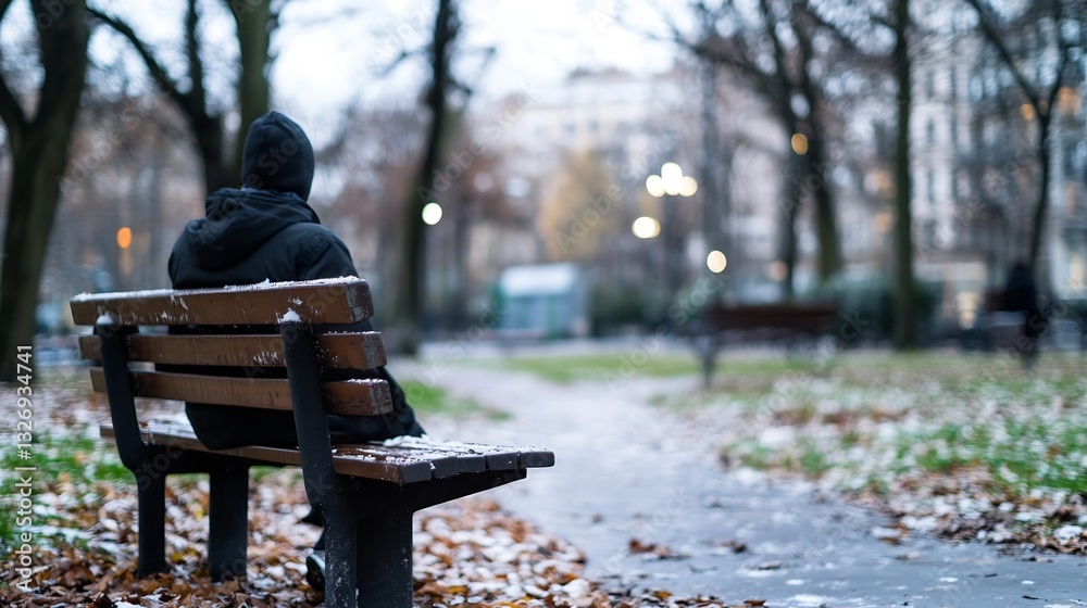 Poster lonely person sitting on bench in park surrounded by autumn leaves and trees in motion : generative 