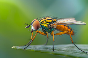 Detailed Close-up: An Intricate Examination of a Striped Tsetse Fly on a Leaf in its Natural Habitat