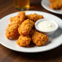 Close-up of golden crispy chicken strips on a white plate, served with dipping sauce, meal, top view, fillet