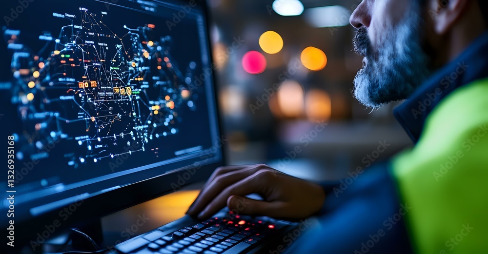 Poster caucasian male programmer working late at computer screen with data visualization and network connec