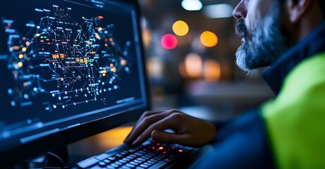 Caucasian male programmer working late at computer screen with data visualization and network connections, illuminated by blue monitor glow in dark office setting.