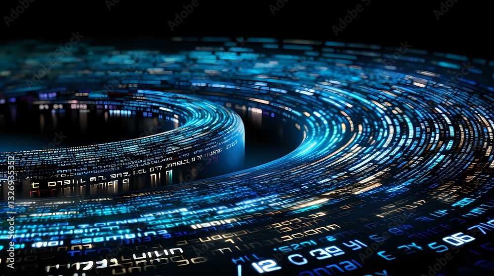 Poster glowing blue digital data streams forming circular patterns against dark background, representing cy