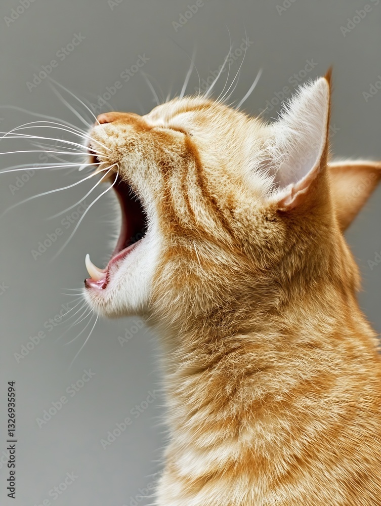 Poster Playful ginger cat yawning widely capturing a relaxed yet curious expression in its features : Generative AI