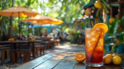 Tropical Outdoor Cocktail Bar with Citrus Garnished Drinks. Generative AI