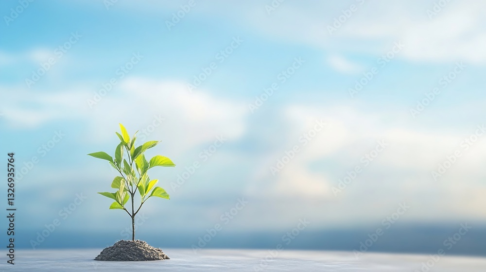 Poster a young green sapling emerging from fertile soil against a bright sky background : generative ai