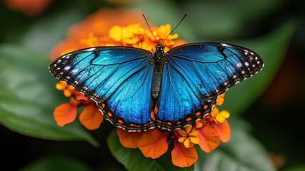 Vibrant blue butterfly on orange flower in greenhouse