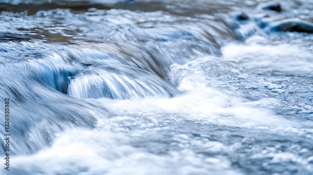Poster Flowing river water cascading over rocks creating a beautiful natural scenery in soft focus : Generative AI