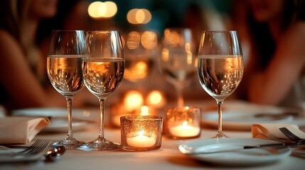 Romantic dinner, wine glasses, candles, restaurant ambiance