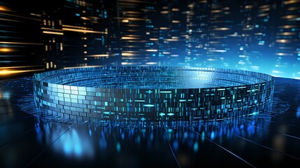 Futuristic circular stadium structure with glowing blue light effects and digital grid patterns against dark background with streaming light rays.