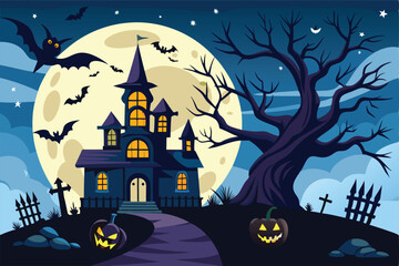 Happy Halloween background with a nice haunted house and silhouette trees, bats vector