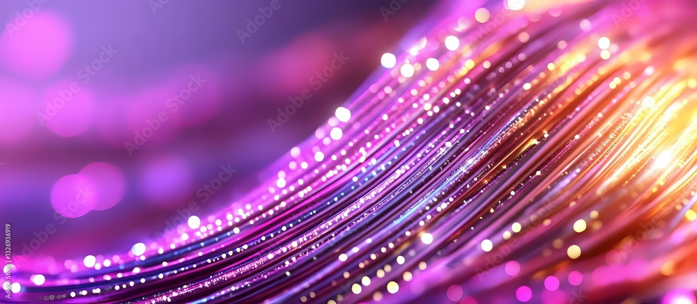 Poster glowing fiber optic waves with pink and golden bokeh lights creating abstract technological backgrou