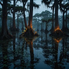 Naklejka premium A glowing firefly-lit swamp at dusk, with twisted cypress trees rising from the dark water and their roots tangled in the mist that floats over the still surface