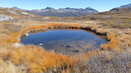 Obraz premium Mountain Pond Reflecting Clear Blue Sky Surrounded by Grassland in Rugged Alpine Landscape