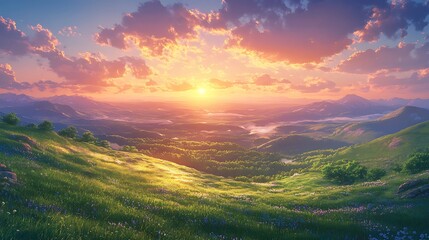 Obraz premium Sunset Over Rolling Hills and Farmhouse, A serene landscape at sunset with rolling hills, a farmhouse, and distant mountains