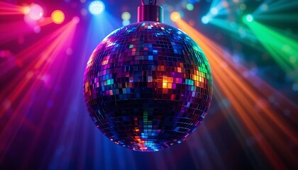Fototapeta premium Disco Ball Reflecting Colorful Lights Creates a Vibrant Party Atmosphere