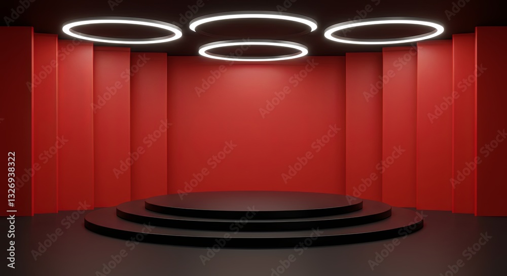 Poster a red room with a black stage and a white circle in the middle