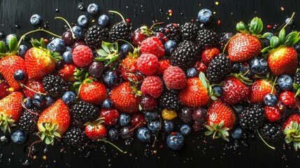 Colorful display of fresh berries on a dark background with water droplets on the fruit