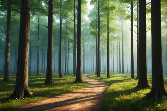 there is a path through a forest with tall trees on both sides