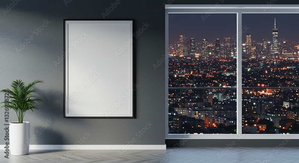 Poster A large empty wall with a white frame and a large window overlooking a city
