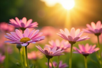 Fototapeta premium Close-up of pink daisy flowers in a field under the warm spring sun, spring, sun, pink