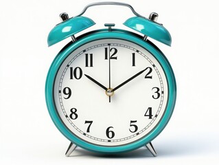 A vintage turquoise alarm clock with a white face and black numbers, displaying the time with two alarm bells on top.