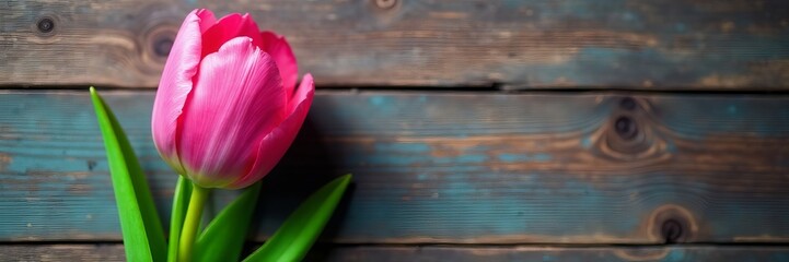 Naklejka premium Close-up of pink tulip flower on rustic wooden background, nature, spring