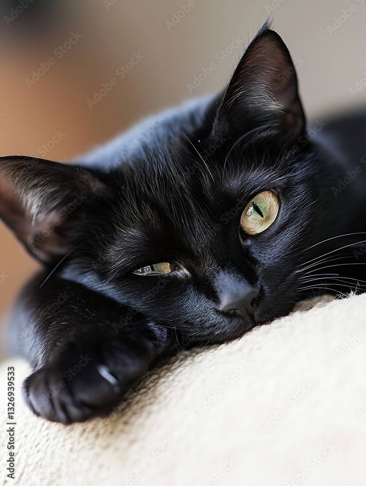 Poster closeup of a relaxing black cat with piercing green eyes : generative ai